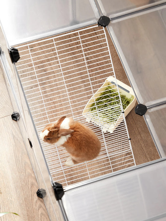 Songmics pet fence, guinea pig playpen with ground, transparent plastic interior enclosure for hamsters, rabbits, ferrises, for small animals, 145 x 72 x 57 cm, white