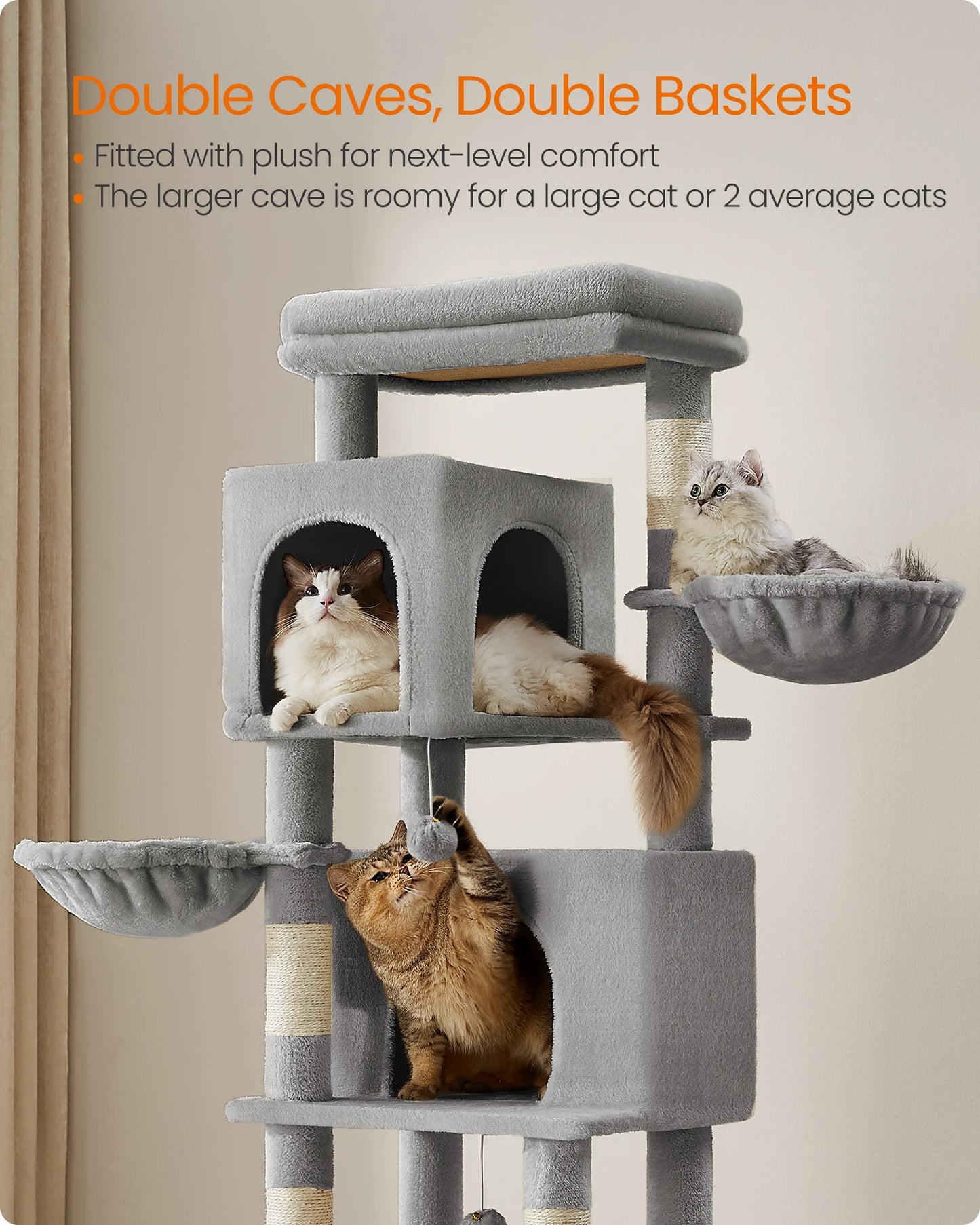 Feandrea albero per gatti grande, torre per gatti alta 175 cm, condominio per gatti multilivello con 2 cave, 2 cestini, 5 tiragraffi
