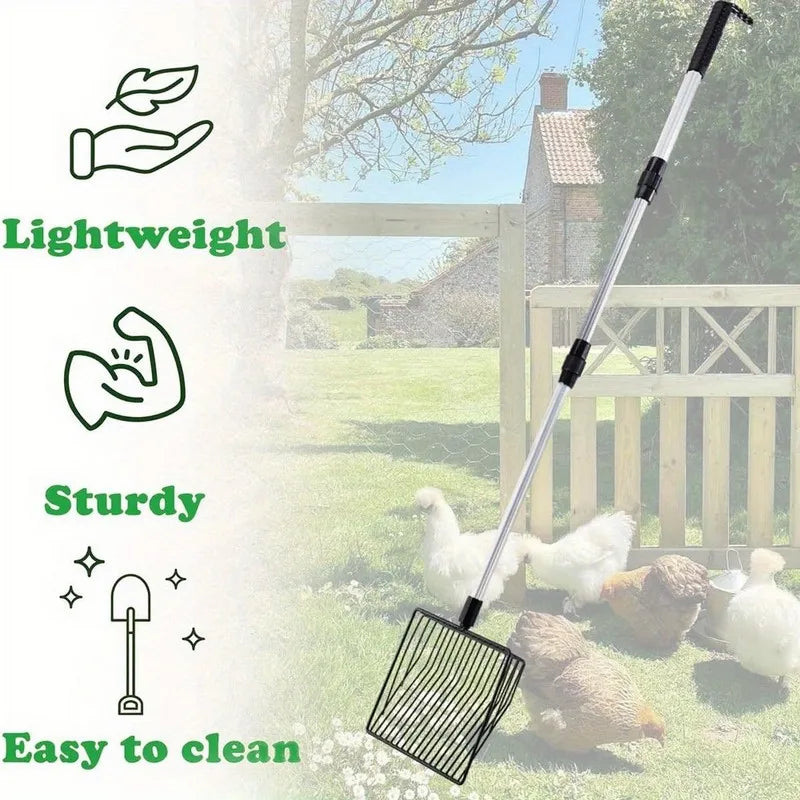 Paletta per lettiera per gatti estensibile Pala per setacciatura per pollaio Manico lungo Accessori in metallo Strumenti per la separazione di cacca e detriti da giardino