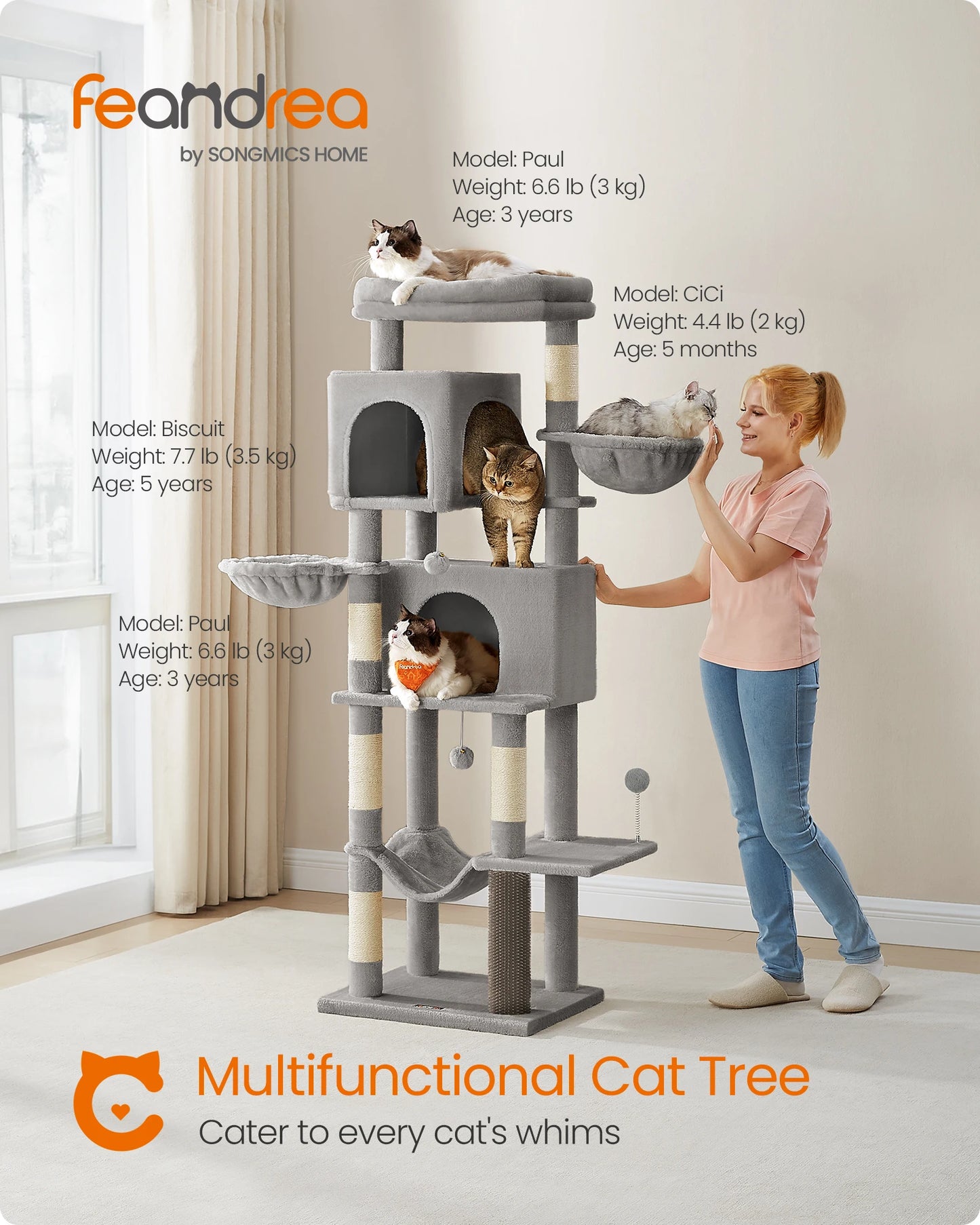 Feandrea albero per gatti grande, torre per gatti alta 175 cm, condominio per gatti multilivello con 2 cave, 2 cestini, 5 tiragraffi