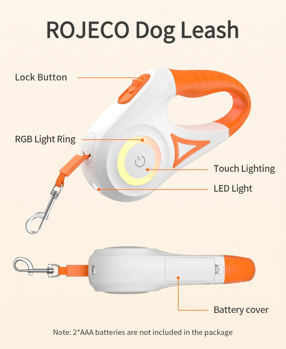 ROJECO 5M Guinzaglio automatico per cani Retrattile LED Luminoso Leading Cinghie luminose di moda per cuccioli di cane Pet Flexi Walking Running Piombo