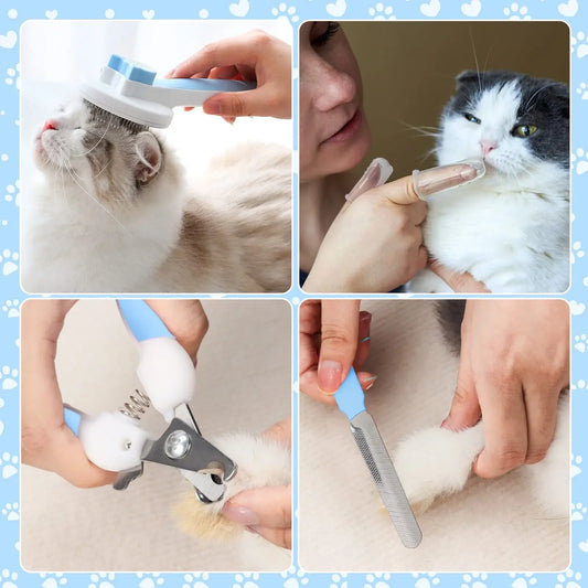 Kit per toelettatura con spazzole per gatti da 8 pezzi, pettine per pulci, spazzola da bagno per shampoo per animali domestici, spazzola per la perdita di animali domestici, spazzolino in silicone