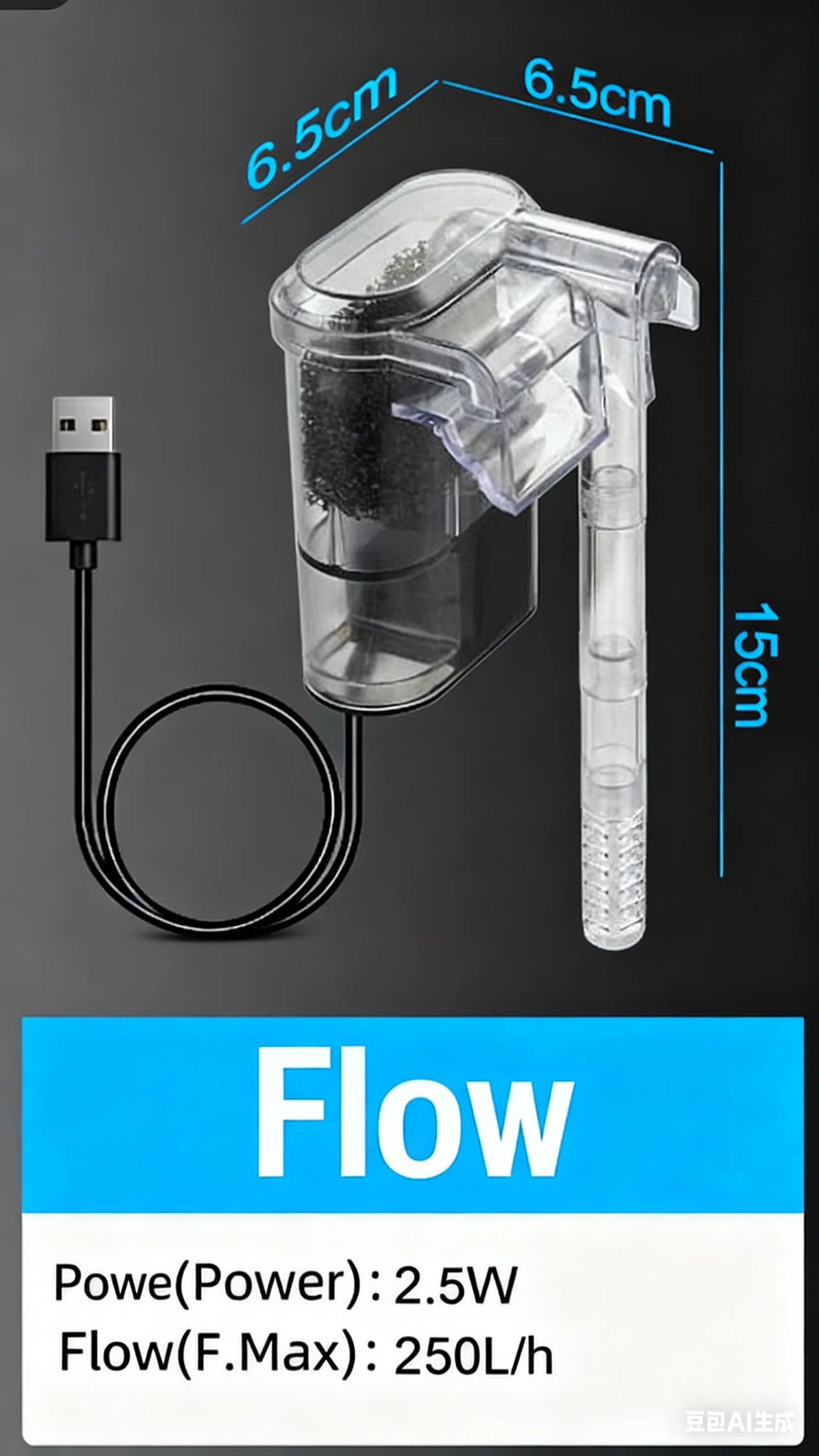 Neuer Aquarienfilter, hängender Mini-Filter für Fischbecken, USB-Stromanschluss 2,5 W, Durchfluss 250 H/L, geeignet für Aquarien unter 30 cm