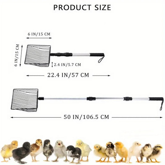 Paletta per lettiera per gatti estensibile Pala per setacciatura per pollaio Manico lungo Accessori in metallo Strumenti per la separazione di cacca e detriti da giardino
