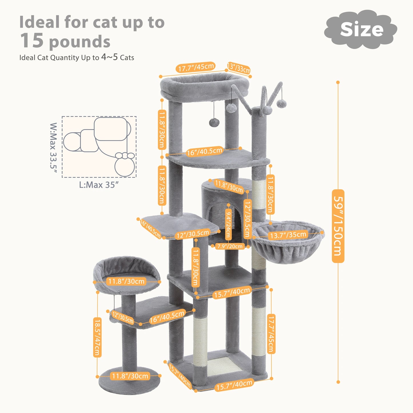 Grande albero per gatti per gatti grandi da interni Torre per gatti alta per gatti grassi con amaca super grande, alberi da arrampicata per gatti con tiragraffi