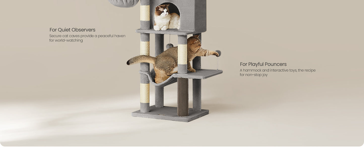 Feandrea albero per gatti grande, torre per gatti alta 175 cm, condominio per gatti multilivello con 2 cave, 2 cestini, 5 tiragraffi