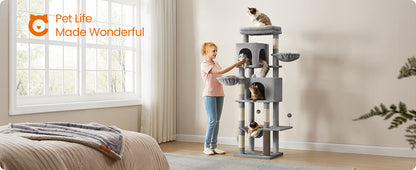 Feandrea albero per gatti grande, torre per gatti alta 175 cm, condominio per gatti multilivello con 2 cave, 2 cestini, 5 tiragraffi