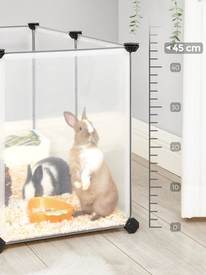 Songmics Kleintiergehege, Kaninchenauslauf mit Boden, transparenter Kunststoff-Laufstall für Hamster, Kaninchen, Frettchen, für Kleintiere, 145 x 72 x 57 cm, weiß