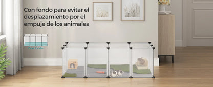 Songmics Kleintiergehege, Kaninchenauslauf mit Boden, transparenter Kunststoff-Laufstall für Hamster, Kaninchen, Frettchen, für Kleintiere, 145 x 72 x 57 cm, weiß