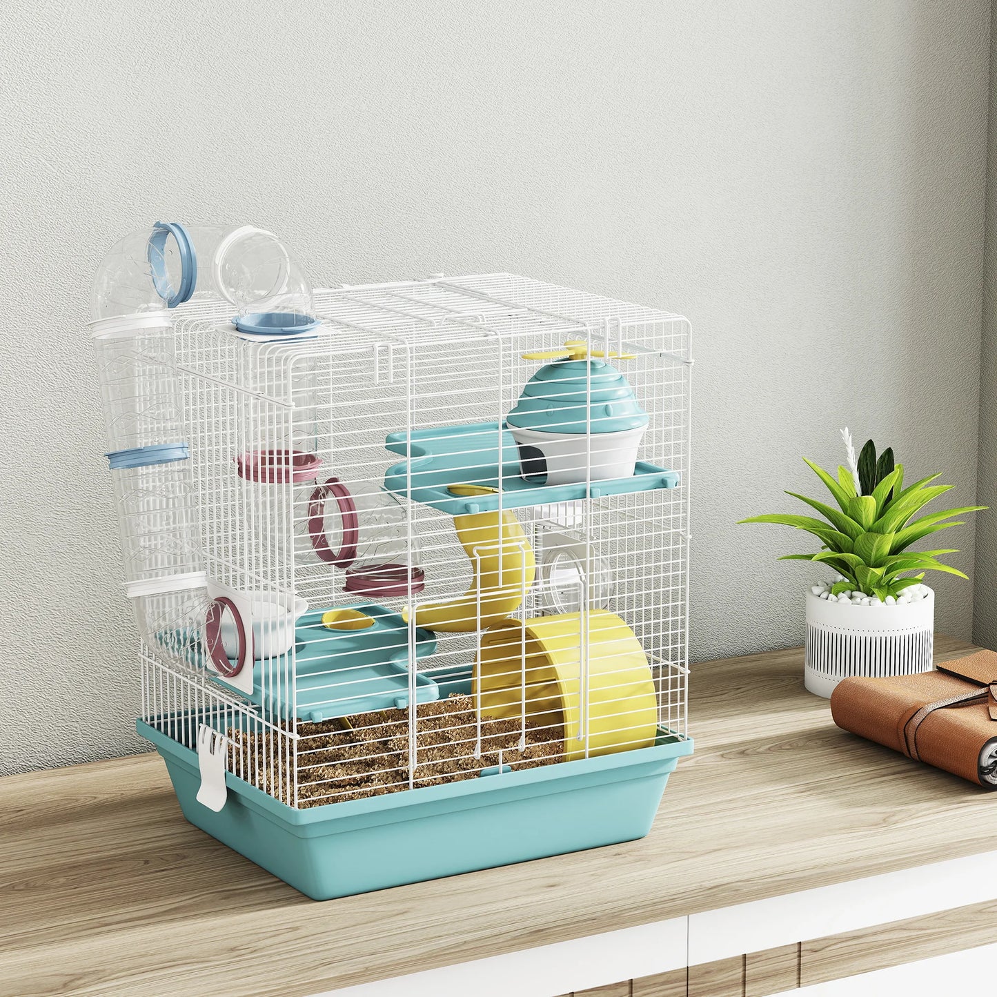 PawHut Hamsterkäfig mit 3 Etagen und 12 Röhren, mit Häuschen, Rampe, Futternäpfen, Wassertank und tropffreiem Tablett, Hamsterkäfig aus Metall und Kunststoff, 34,5x27,5x41 cm, Blau