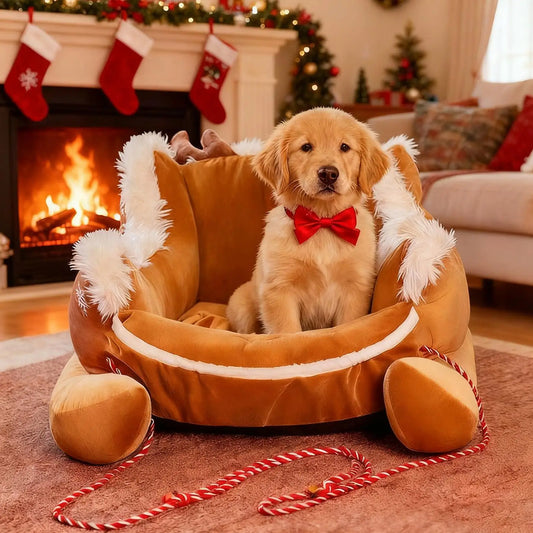 Lettino per cani di Natale Decorazioni natalizie Slitta lavabile Lettino per cani a slitta carino con corda per cuccioli di gatto Animale domestico Soggiorno esterno per interni