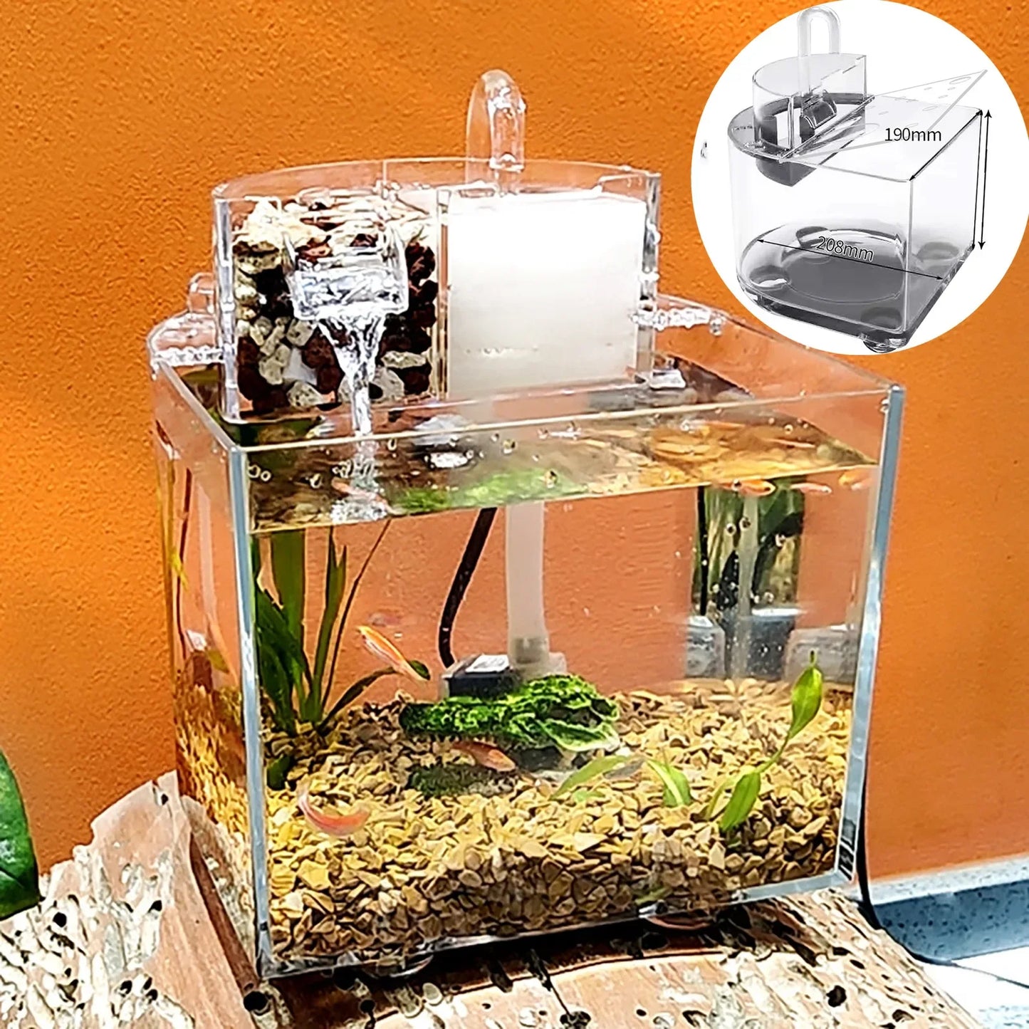 Mini-Tisch-Aquarienset mit Filterdeckel, Wasserpumpe 2,5 W, Tauchpumpe, umweltfreundliches transparentes Aquarium, Heimdekoration