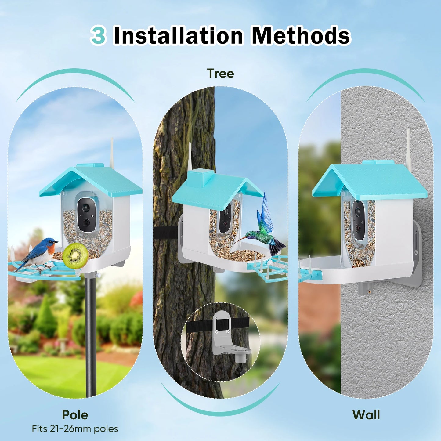 Mangiatoia per uccelli con fotocamera AI Identifica le specie degli uccelli Registrazione automatica delle video ad energia solare nel cortile Notifiche istantanee Amanti degli uccelli