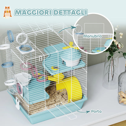 PawHut Hamsterkäfig mit 3 Etagen und 12 Röhren, mit Häuschen, Rampe, Futternäpfen, Wassertank und tropffreiem Tablett, Hamsterkäfig aus Metall und Kunststoff, 34,5x27,5x41 cm, Blau
