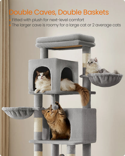 Feandrea albero per gatti grande, torre per gatti alta 175 cm, condominio per gatti multilivello con 2 cave, 2 cestini, 5 tiragraffi