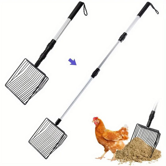 Paletta per lettiera per gatti estensibile Pala per setacciatura per pollaio Manico lungo Accessori in metallo Strumenti per la separazione di cacca e detriti da giardino