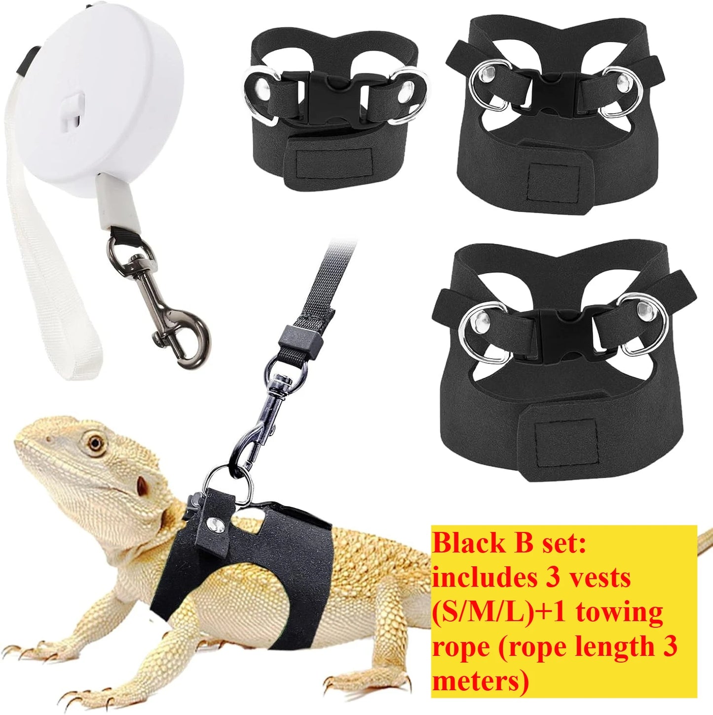 Bartagamen-Geschirr- und Leinen-Set, Reptilienleine aus weichem Leder, 3-fach verstellbar, Eidechsengeschirr mit Rückzugsleine