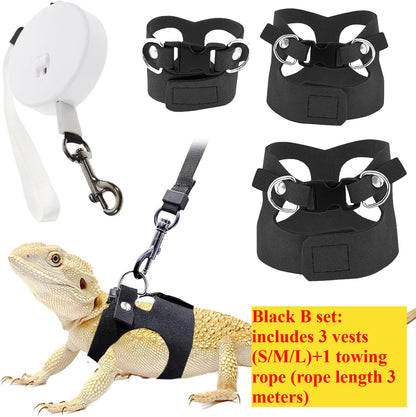 Bartagamen-Geschirr- und Leinen-Set, Reptilienleine aus weichem Leder, 3-fach verstellbar, Eidechsengeschirr mit Rückzugsleine