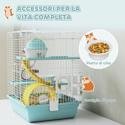 PawHut Hamsterkäfig mit 3 Etagen und 12 Röhren, mit Häuschen, Rampe, Futternäpfen, Wassertank und tropffreiem Tablett, Hamsterkäfig aus Metall und Kunststoff, 34,5x27,5x41 cm, Blau