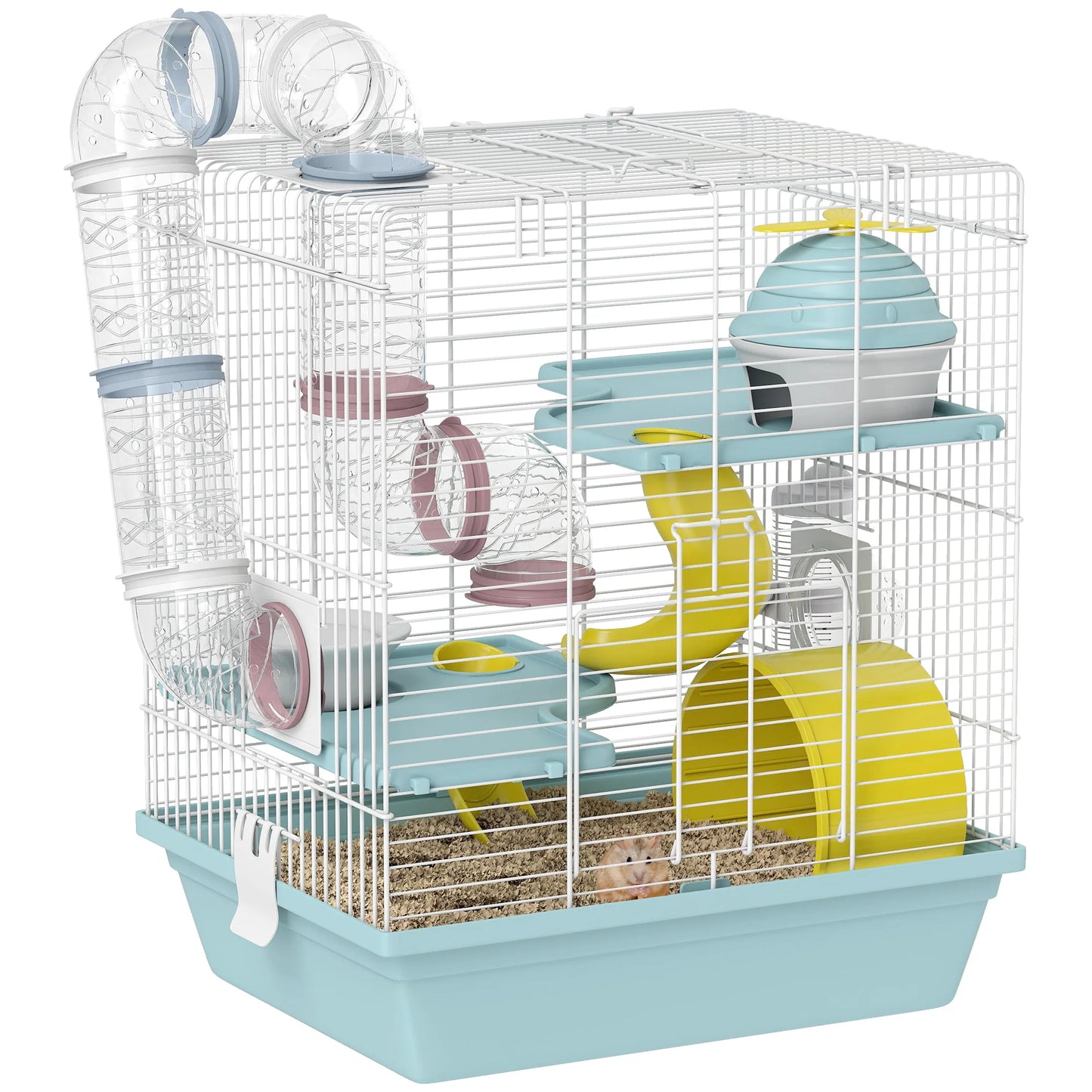 PawHut Hamsterkäfig mit 3 Etagen und 12 Röhren, mit Häuschen, Rampe, Futternäpfen, Wassertank und tropffreiem Tablett, Hamsterkäfig aus Metall und Kunststoff, 34,5x27,5x41 cm, Blau