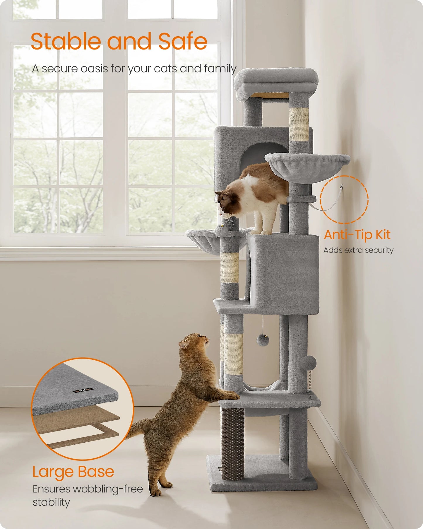 Feandrea albero per gatti grande, torre per gatti alta 175 cm, condominio per gatti multilivello con 2 cave, 2 cestini, 5 tiragraffi