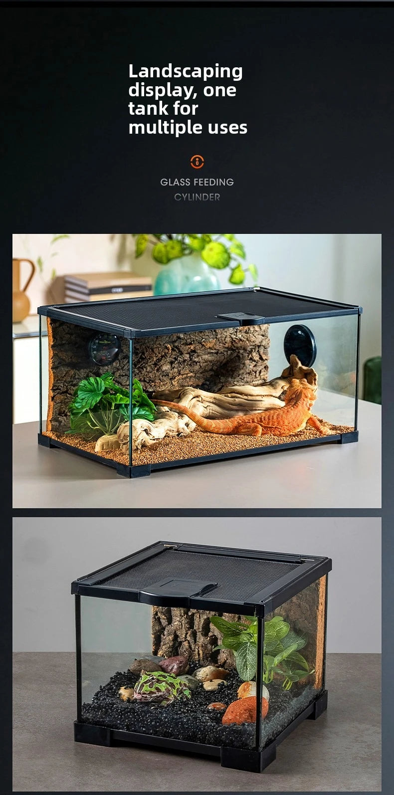 Professionelles Glas-Terrarium für Reptilien, geeignet für Chamäleons, Echsen und Schlangen, ideal für Hornfrösche und Wasserschildkröten, mit transparenter Belüftung.