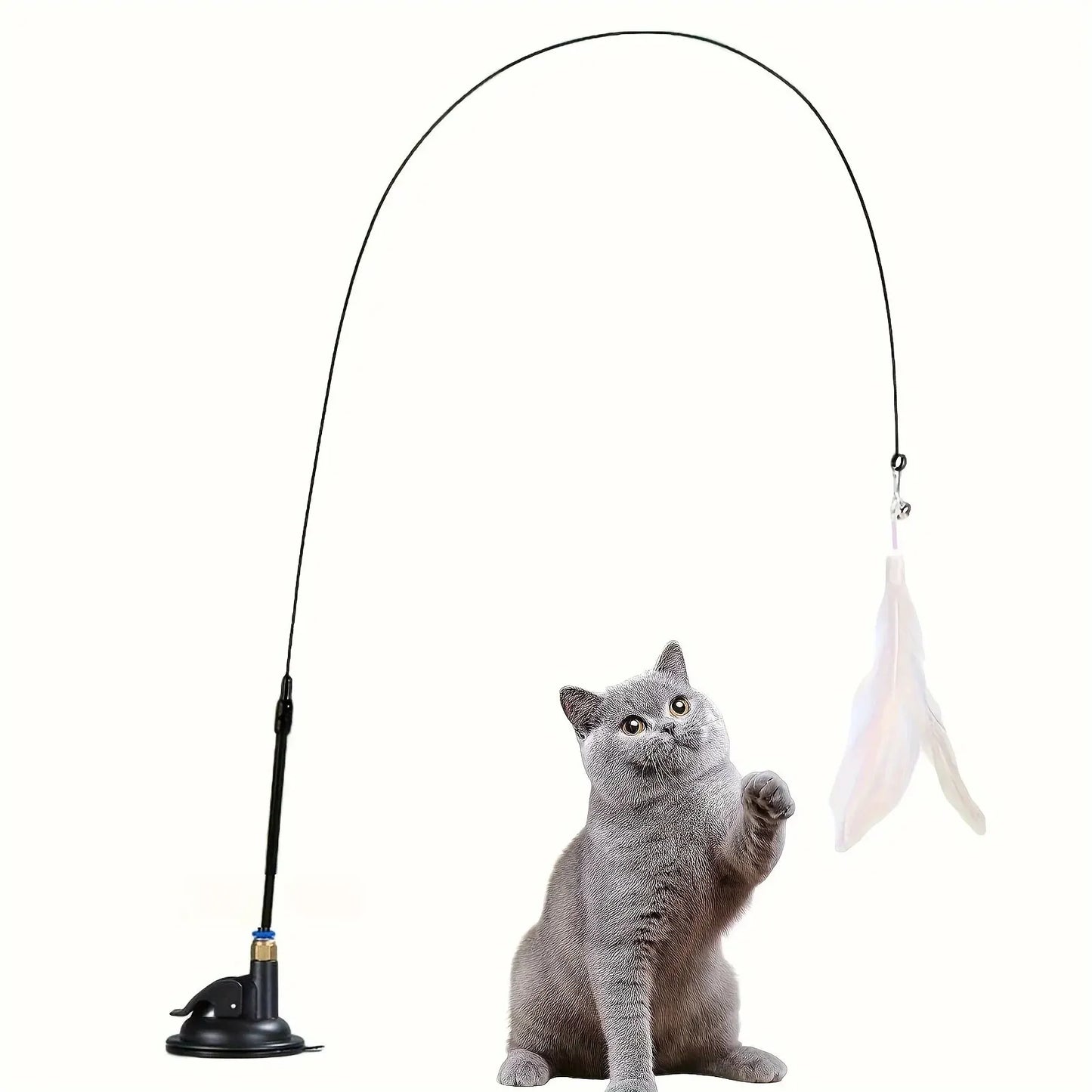 Katzen-Teaser-Spielzeug - Interaktiver Stab mit Glocke und Federn - Langer Saugnapf-Stab für aufregende Spielzeugabenteuer - Ultimatives Katzenspielzeug