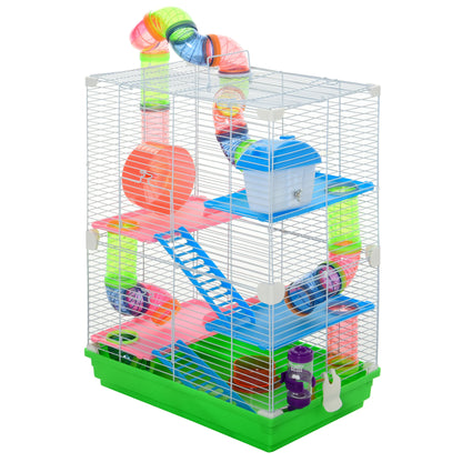 PawHut Nagerkäfig Hamsterkäfig 5 Etagen mit Tunneln Futternapf Laufrad Haus Leitern Maße 46L x 30B x 58H cm Grün
