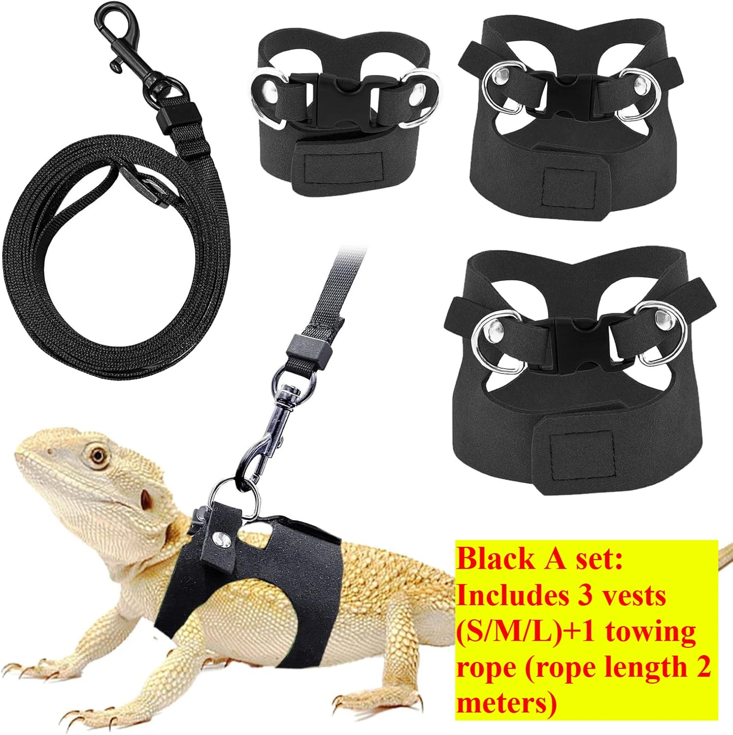 Bartagamen-Geschirr- und Leinen-Set, Reptilienleine aus weichem Leder, 3-fach verstellbar, Eidechsengeschirr mit Rückzugsleine