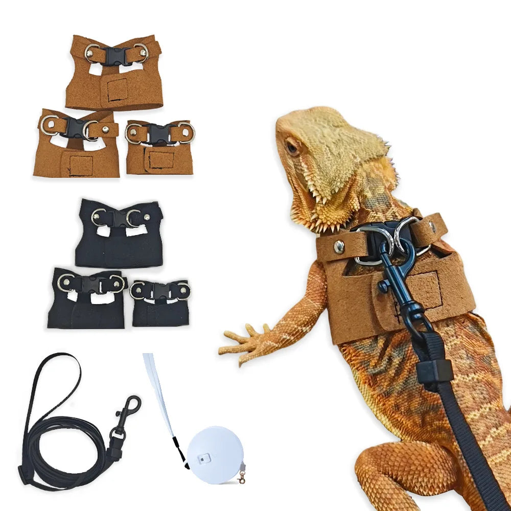 Bartagamen-Geschirr- und Leinen-Set, Reptilienleine aus weichem Leder, 3-fach verstellbar, Eidechsengeschirr mit Rückzugsleine
