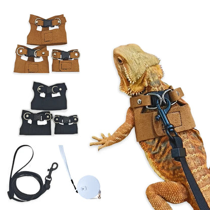 Bartagamen-Geschirr- und Leinen-Set, Reptilienleine aus weichem Leder, 3-fach verstellbar, Eidechsengeschirr mit Rückzugsleine
