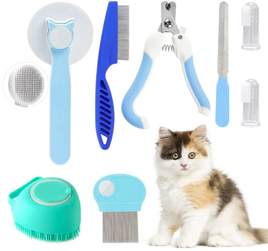 Kit per toelettatura con spazzole per gatti da 8 pezzi, pettine per pulci, spazzola da bagno per shampoo per animali domestici, spazzola per la perdita di animali domestici, spazzolino in silicone