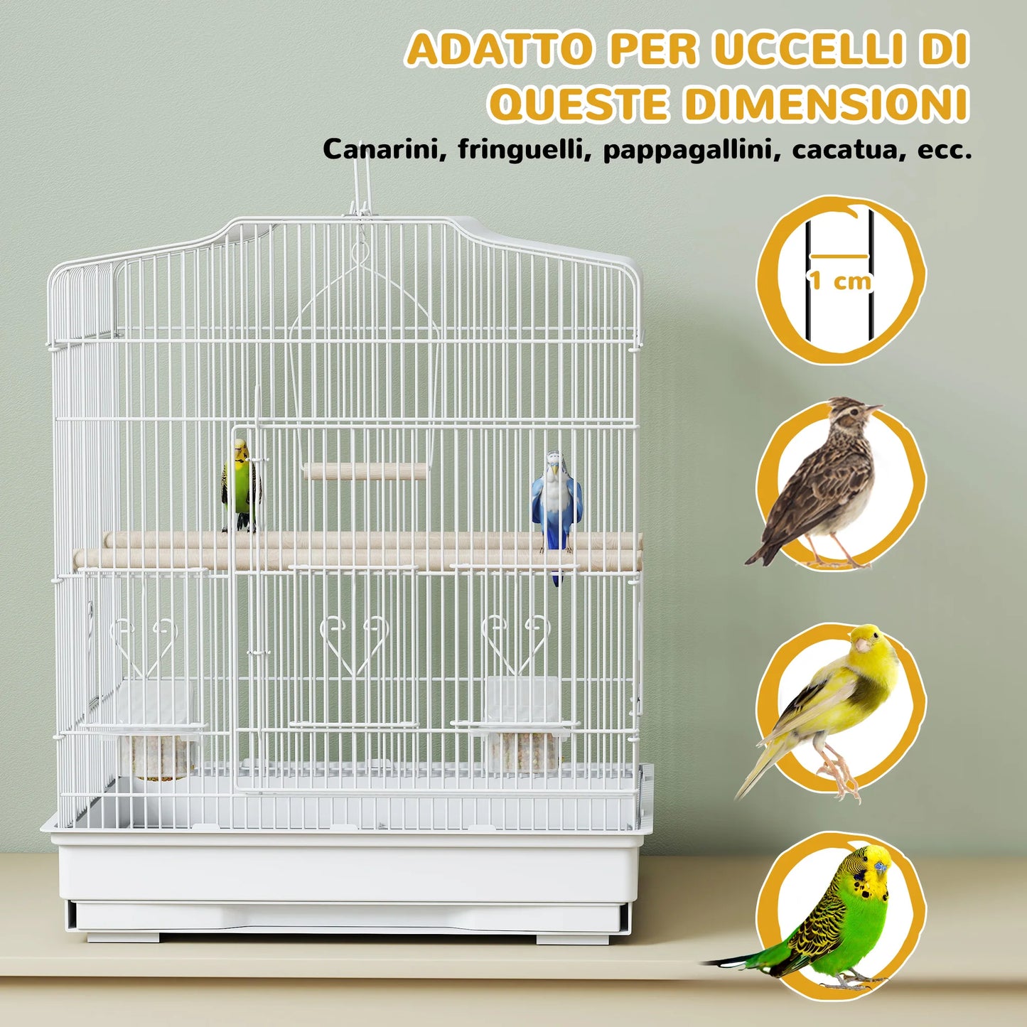 PawHut Gabbia per Uccelli Portatile con Maniglia, Vassoio Estraibile e 5 Porte, Voliera per Pappagallini con Posatoi in Legno, Altalena e Ciotole per Cibo, 46.5x36x59 cm, Bianco
