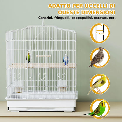 PawHut Gabbia per Uccelli Portatile con Maniglia, Vassoio Estraibile e 5 Porte, Voliera per Pappagallini con Posatoi in Legno, Altalena e Ciotole per Cibo, 46.5x36x59 cm, Bianco
