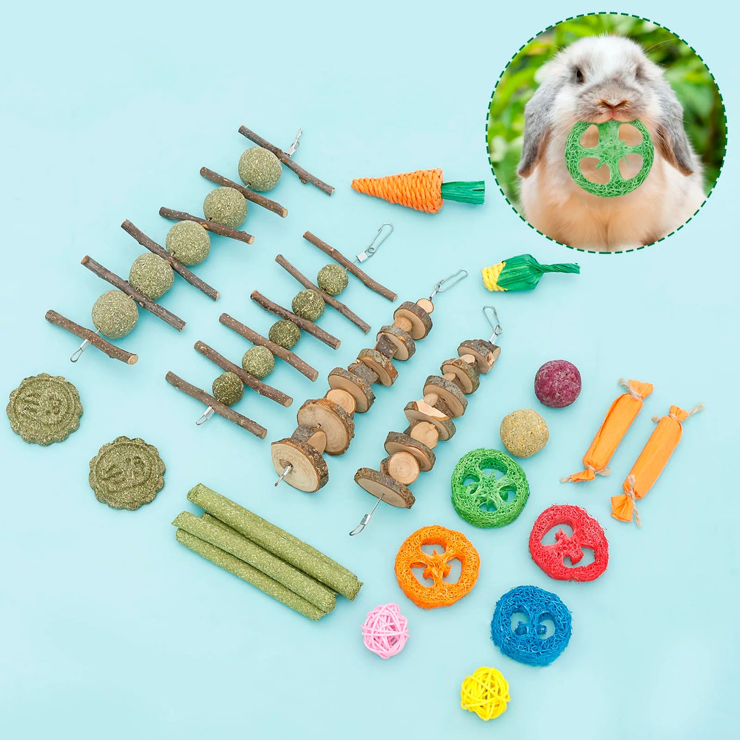 23 Pz Conigli Giocattoli Da Masticare Legno Piccolo Animale Domestico Noia Breaker Gabbia Accessori Pet Dente Rettifica Snack Cavia Drago Gatto Giocattolo Divertimento