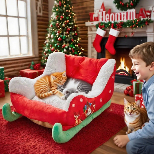 Letto per cani a tema natalizio Letto per cani Decorazioni natalizie Letto per cani a forma di slitta Letto per animali domestici di Babbo Natale Festivo Peluche Accogliente nido per gatti