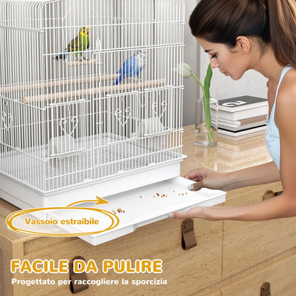 PawHut Gabbia per Uccelli Portatile con Maniglia, Vassoio Estraibile e 5 Porte, Voliera per Pappagallini con Posatoi in Legno, Altalena e Ciotole per Cibo, 46.5x36x59 cm, Bianco
