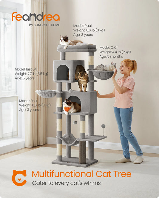 Feandrea albero per gatti grande, torre per gatti alta 175 cm, condominio per gatti multilivello con 2 cave, 2 cestini, 5 tiragraffi