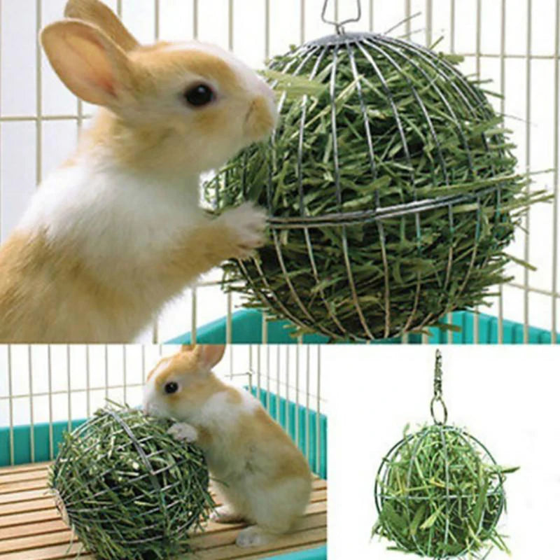 Kaninchen Haustiere Edelstahl Spielzeug Runde Kugel Zuführungsübung Hängender Strohball für Meerschweinchen Hamster Ratte Gras Rack Ball