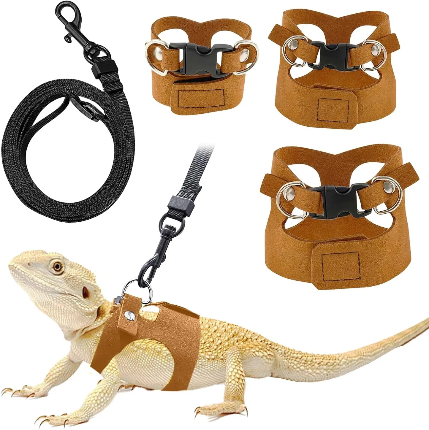 Bartagamen-Geschirr- und Leinen-Set, Reptilienleine aus weichem Leder, 3-fach verstellbar, Eidechsengeschirr mit Rückzugsleine