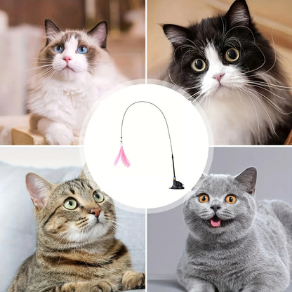 Katzen-Teaser-Spielzeug - Interaktiver Stab mit Glocke und Federn - Langer Saugnapf-Stab für aufregende Spielzeugabenteuer - Ultimatives Katzenspielzeug