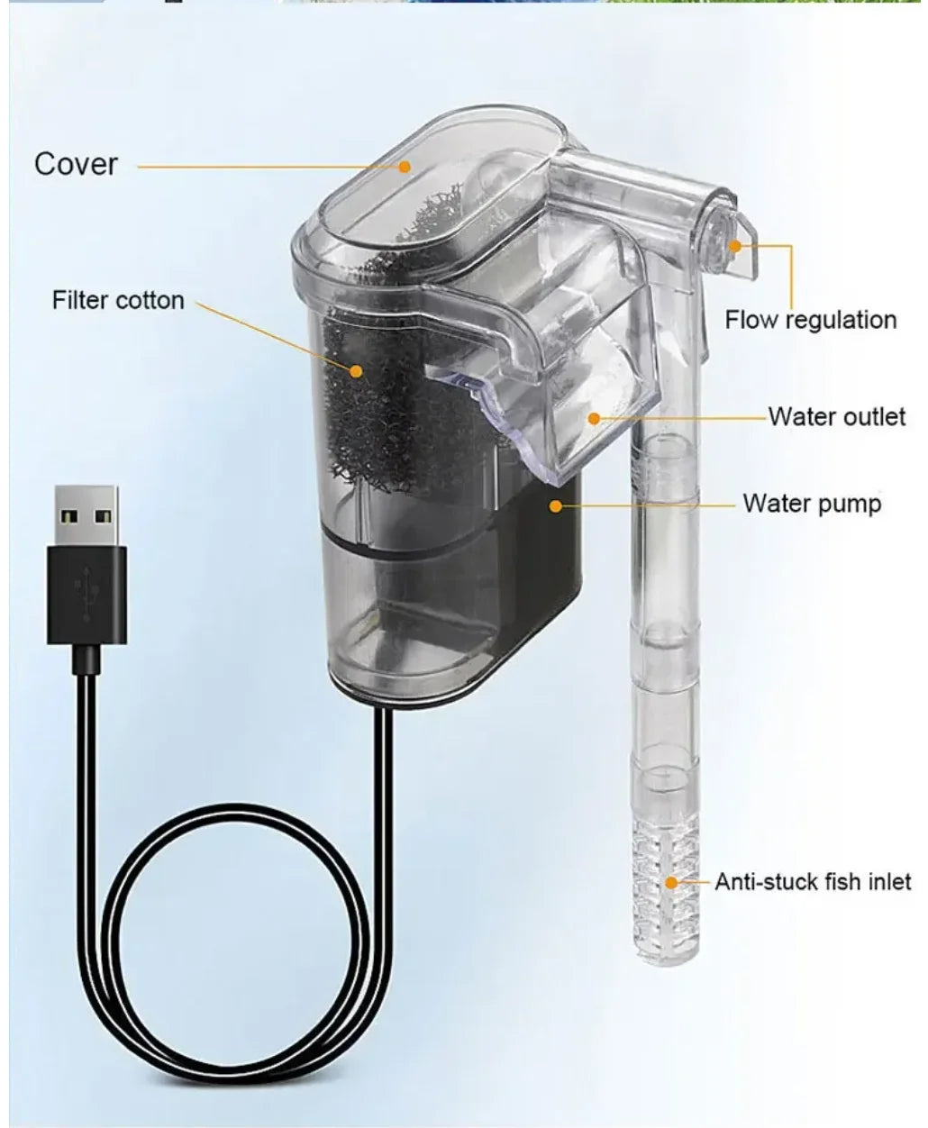 Neuer Aquarienfilter, hängender Mini-Filter für Fischbecken, USB-Stromanschluss 2,5 W, Durchfluss 250 H/L, geeignet für Aquarien unter 30 cm