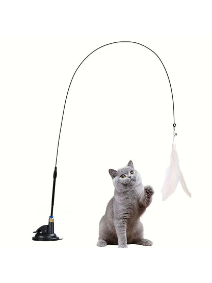 Katzen-Teaser-Spielzeug - Interaktiver Stab mit Glocke und Federn - Langer Saugnapf-Stab für aufregende Spielzeugabenteuer - Ultimatives Katzenspielzeug