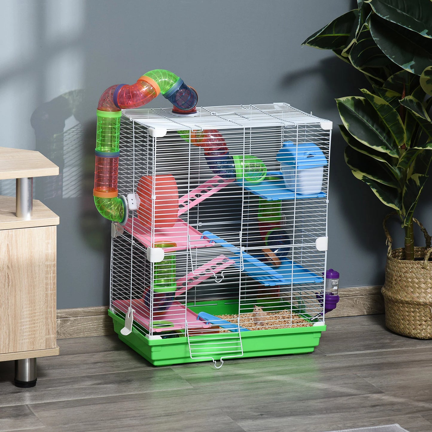 PawHut Nagerkäfig Hamsterkäfig 5 Etagen mit Tunneln Futternapf Laufrad Haus Leitern Maße 46L x 30B x 58H cm Grün