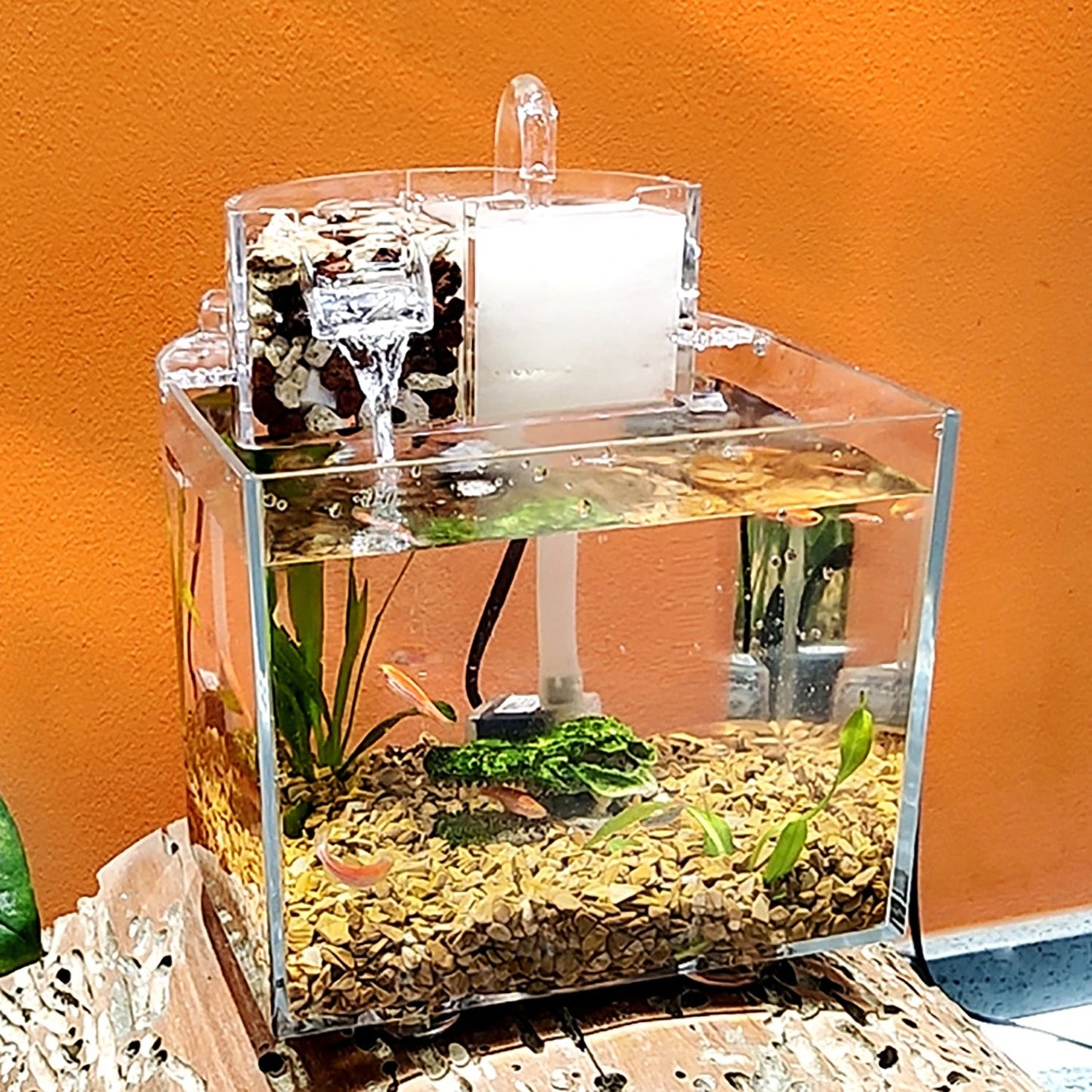 Mini-Tisch-Aquarienset mit Filterdeckel, Wasserpumpe 2,5 W, Tauchpumpe, umweltfreundliches transparentes Aquarium, Heimdekoration