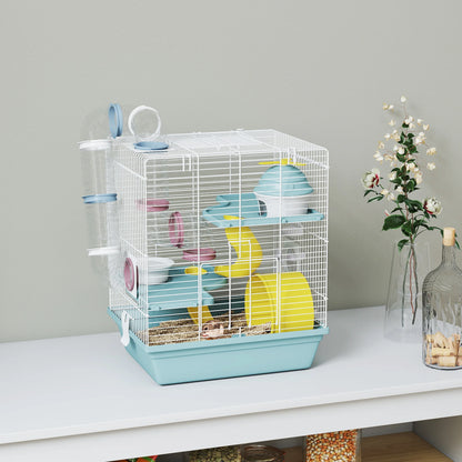 PawHut Hamsterkäfig mit 3 Etagen und 12 Röhren, mit Häuschen, Rampe, Futternäpfen, Wassertank und tropffreiem Tablett, Hamsterkäfig aus Metall und Kunststoff, 34,5x27,5x41 cm, Blau