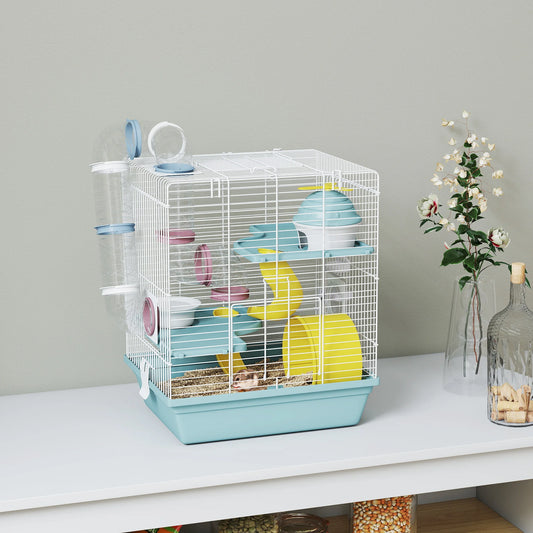PawHut Gabbia per Criceti a 3 Livelli e 12 Tubi con Casetta, Rampa, Ciotole, Serbatoio per l'Acqua e Vassoio Antigoccia, Gabbietta per Criceti in Metallo e Plastica, 34.5x27.5x41 cm, Blu