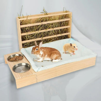 Hasenfutterspender Heu Manger Futtertrog aus Holz mit Kotwanne Futterschalen Wassernapf für Kaninchen Hamster Kleintiere