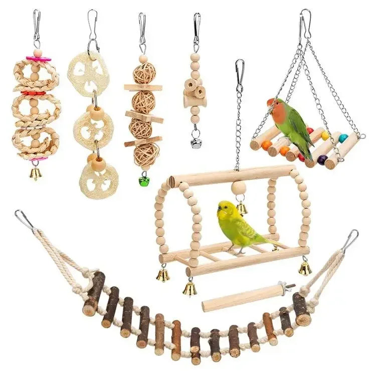 8PCS Unbemalt Umweltfreundlich und Gesund Kombinationsspielzeug Lustiges Haustiervogelspielzeug-Set Papageienbeißspielzeug Außenhof
