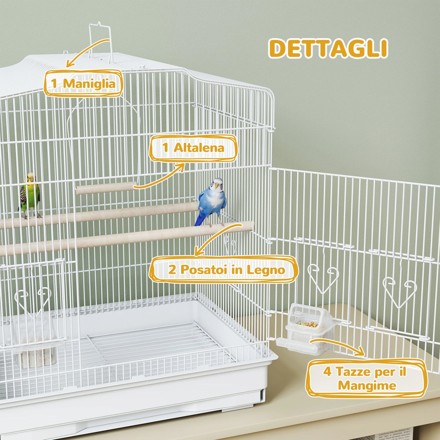 PawHut Transportkäfig für Vögel mit Tragegriff, herausziehbarer Bodenwanne und 5 Türen, Vogelkäfig mit Holzstangen, Schaukel und Futternäpfen, 46,5x36x59 cm, Weiß